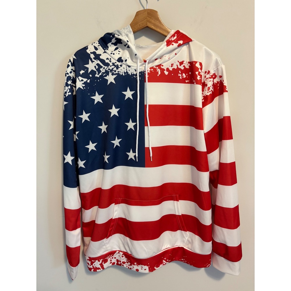 American Flag Hoodie Mens M Patriotic Stars and Stripes Pullover Red White Blue